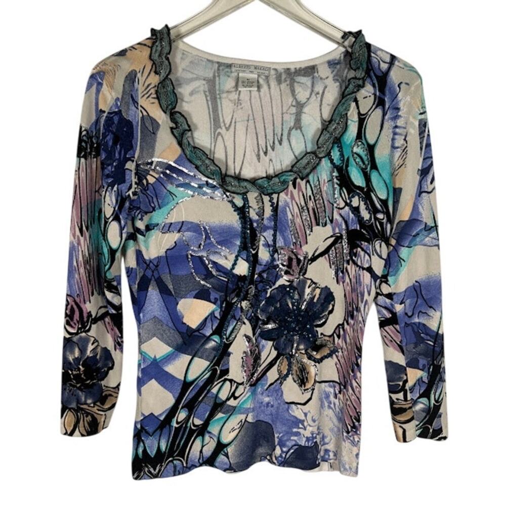 Alberto Makali Women's Sequin Beaded Blouse M Blue White Floral Abstract Print